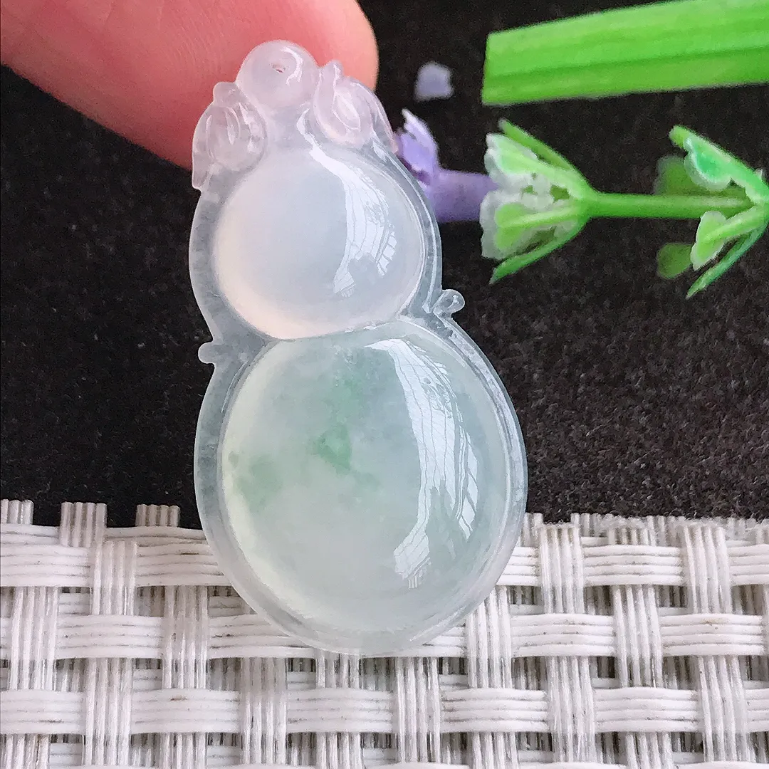 天然A货翡翠33.7/18/5.8老坑冰透起胶冰飘花葫芦吊坠翡翠挂件