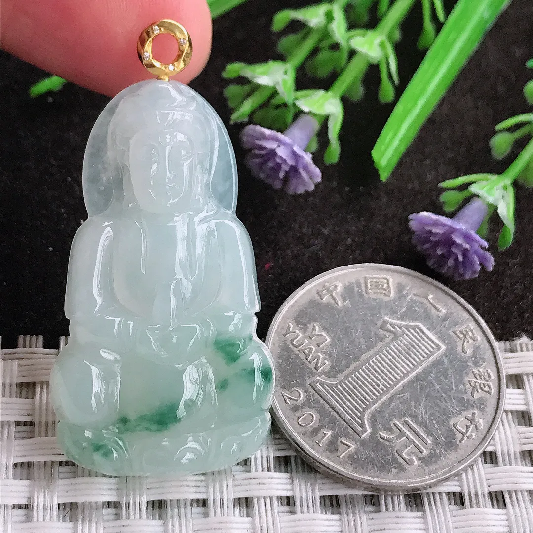 天然A货翡翠37.8/21.5/5.8老坑18k金镶嵌冰润飘花小观音吊坠翡翠挂件