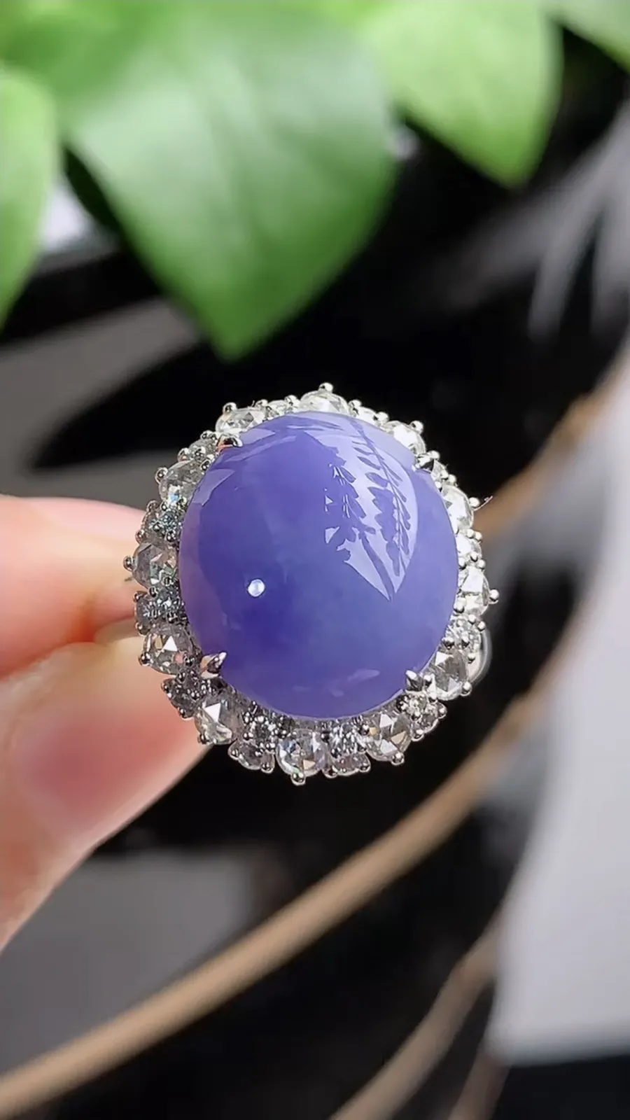 a货翡翠老坑种18K金伴钻镶嵌紫罗兰蛋面戒指 圈口17.4裸石尺寸13.4×12mm 重量6.28g 1207