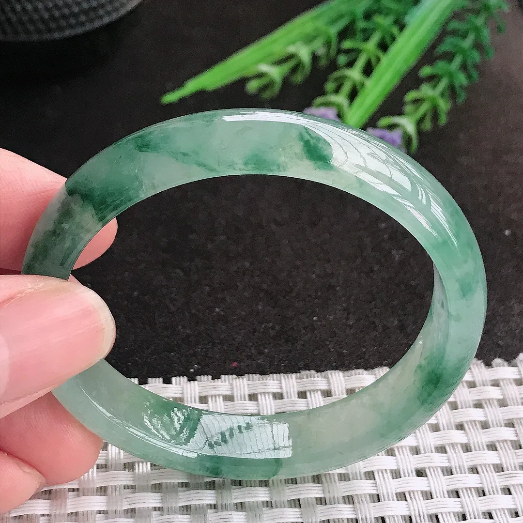 天然A货翡翠53/46/12.4/6.6老坑冰透果冻胶冰飘花贵妃手镯宽边玉镯