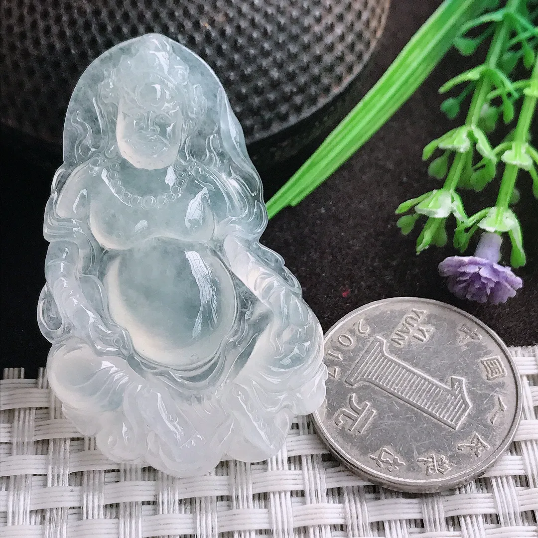 天然A货翡翠49.9/30.8/6老坑冰种果冻胶白冰黄财神吊坠翡翠挂件