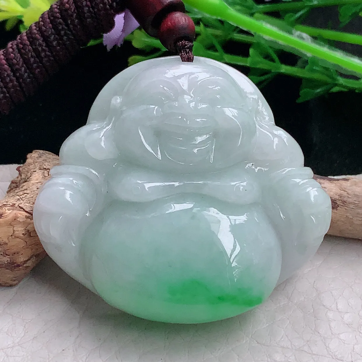 zen自然光43.547.5*12.8缅甸翡翠a货饱满飘绿佛公 弥勒佛玉吊坠 毛衣坠