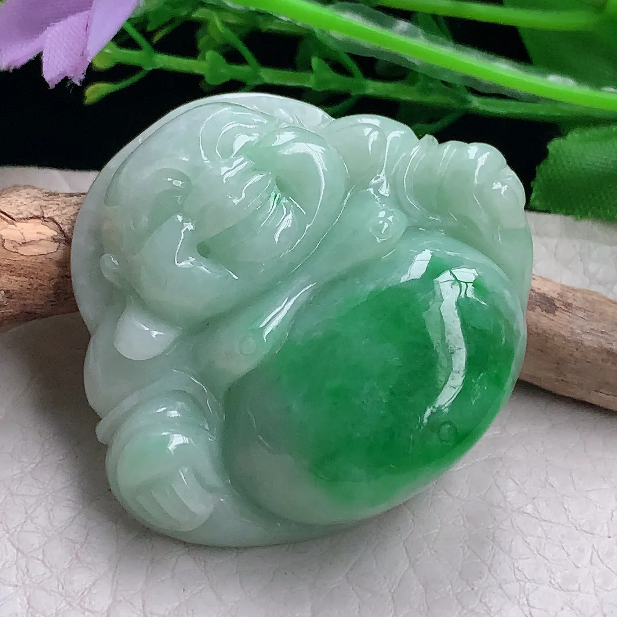 zen自然光41*46*13缅甸翡翠a货饱满辣绿佛公 弥勒佛玉吊坠 玉挂件