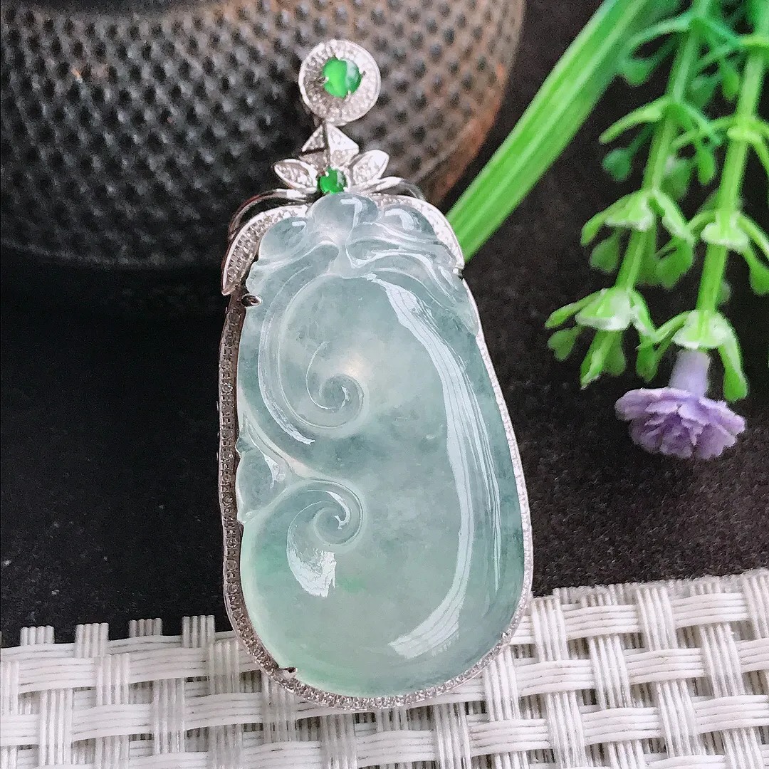 天然A货翡翠49/23/9老坑18k金镶嵌冰种起胶如意吊坠翡翠玉如意挂件