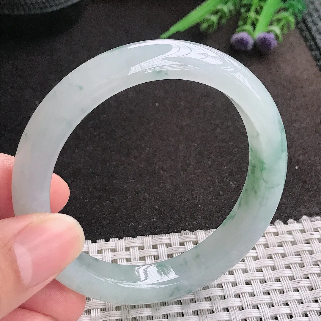 天然A货翡翠55.5/11.1/8.4老坑冰胶果冻飘花手镯宽边玉镯