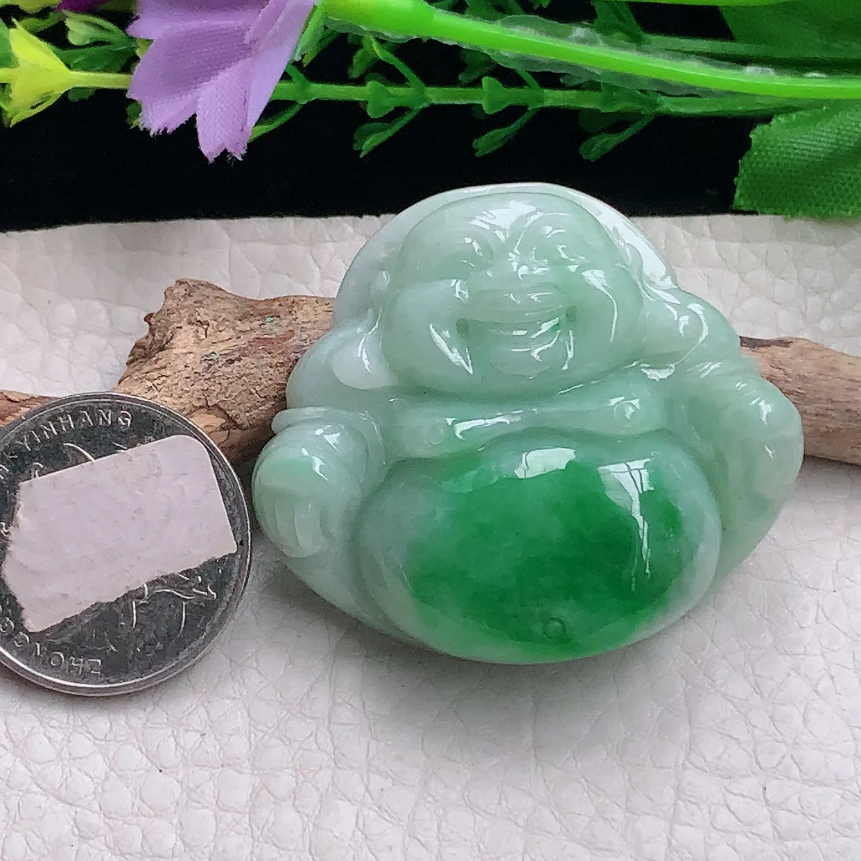 zen自然光41*46*13缅甸翡翠a货饱满辣绿佛公 弥勒佛玉吊坠 玉挂件