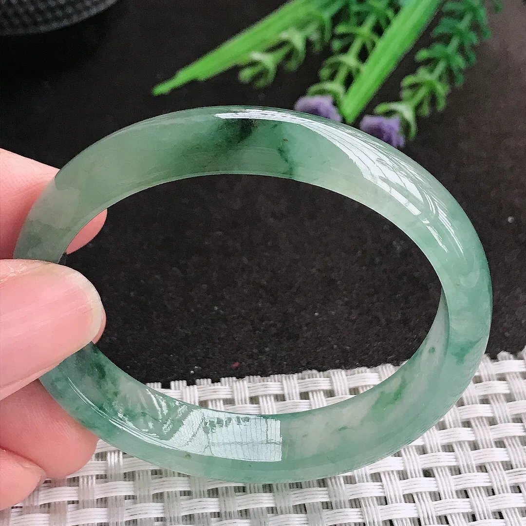 天然A货翡翠53/46/12.4/6.6老坑冰透果冻胶冰飘花贵妃手镯宽边玉镯