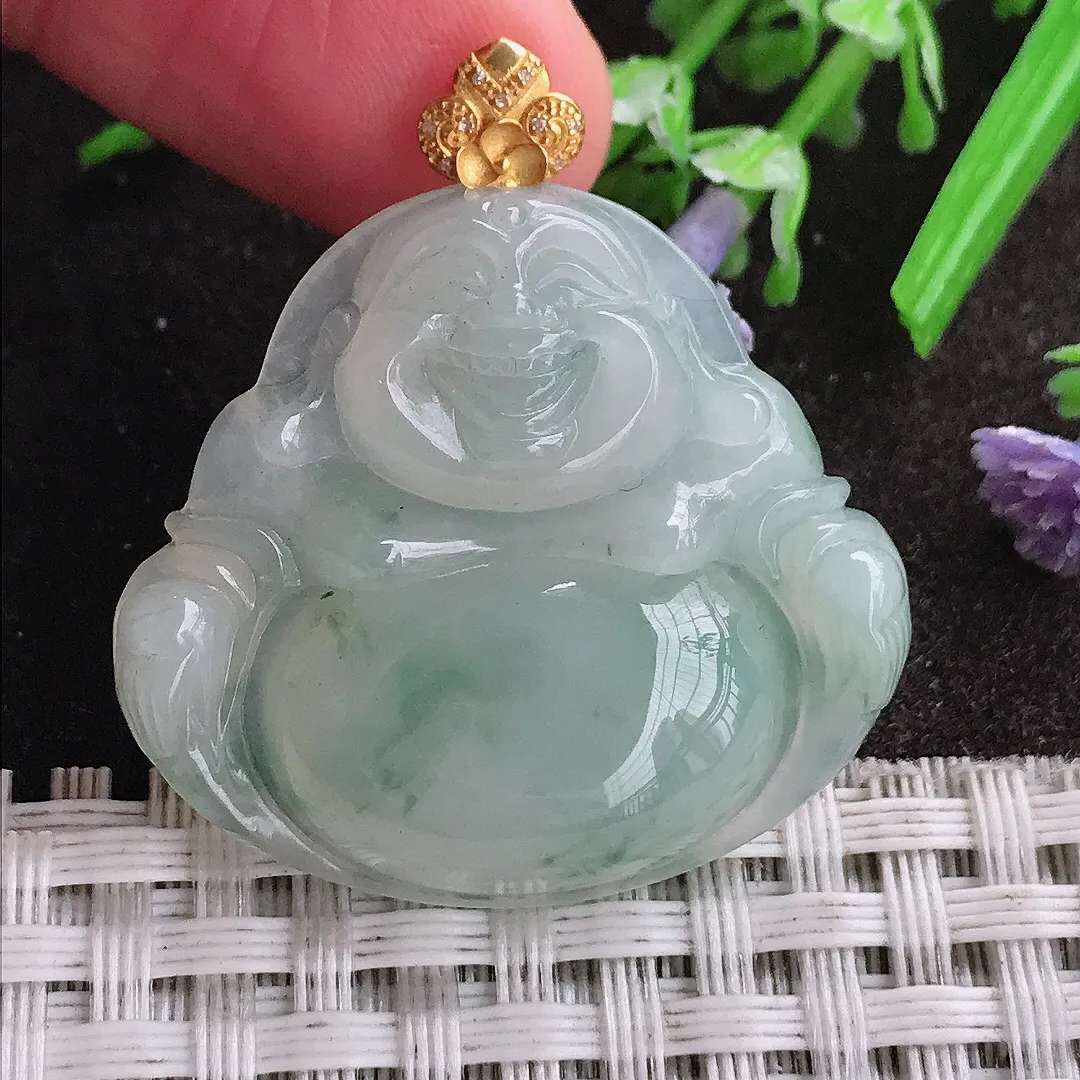 天然A货翡翠29.7/33.2/7.1老坑18k金镶嵌冰胶飘花佛公吊坠翡翠挂件