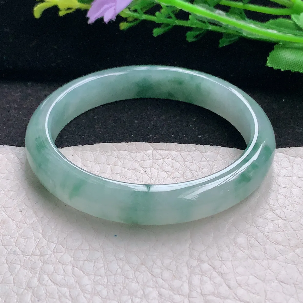 n自然光54*10.3*7.3平安镯 翡翠a货玉手镯冰飘花秀气宽边珠宝玉手环