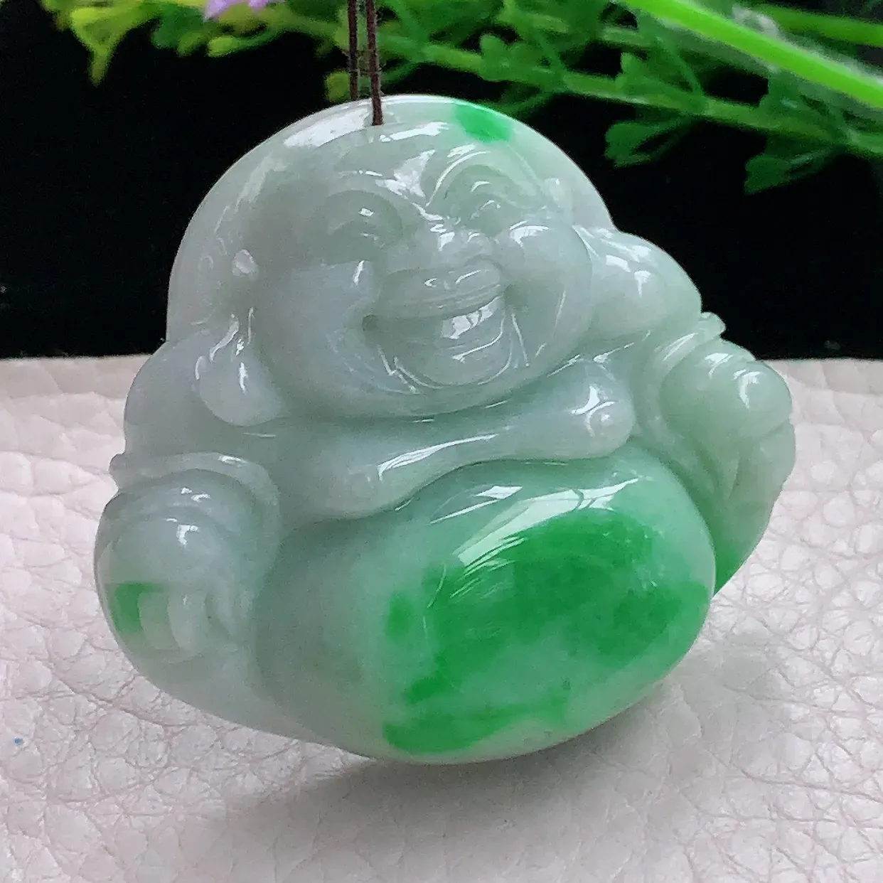 zen自然光41*46*12.5缅甸翡翠a货饱满辣绿佛公 弥勒佛玉吊坠 玉挂件