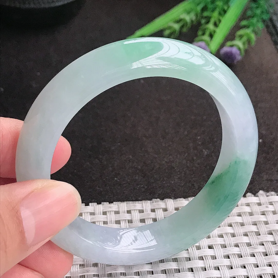 天然A货翡翠53/12.7/8.8老坑冰润起胶飘花手镯宽边玉镯