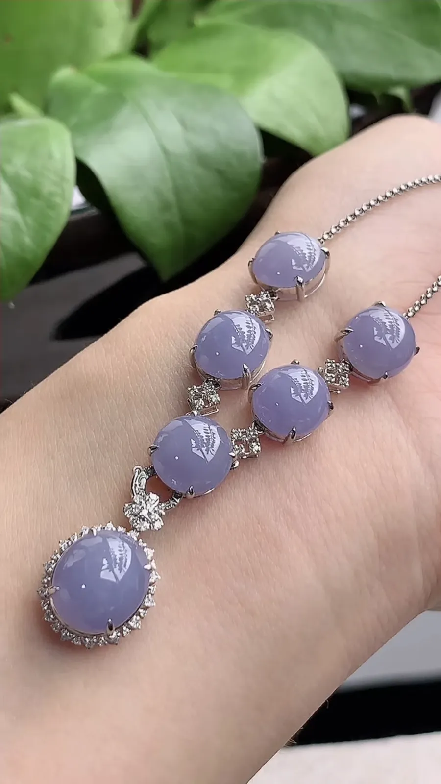 a货翡翠老坑冰种18K金伴钻镶嵌紫罗兰蛋面项链 尺寸10×9×9mm 重量8.85g 1209