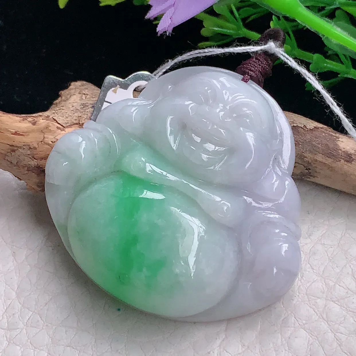 zen自然光44*46*12.3缅甸翡翠a货饱满淡春带彩佛公 弥勒佛玉吊坠 玉挂件