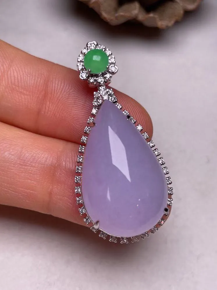 冰糯种紫罗兰滴水吊坠、真金真钻镶嵌，种水好，玉质细腻 .裸石尺寸 24.6*15.5