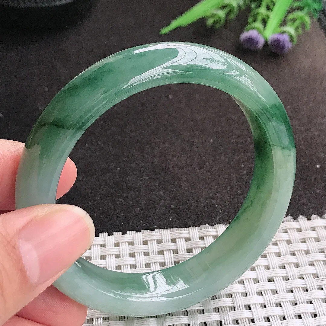 天然A货翡翠54.5/13.5/8.2老坑冰润起胶飘花手镯宽边玉镯