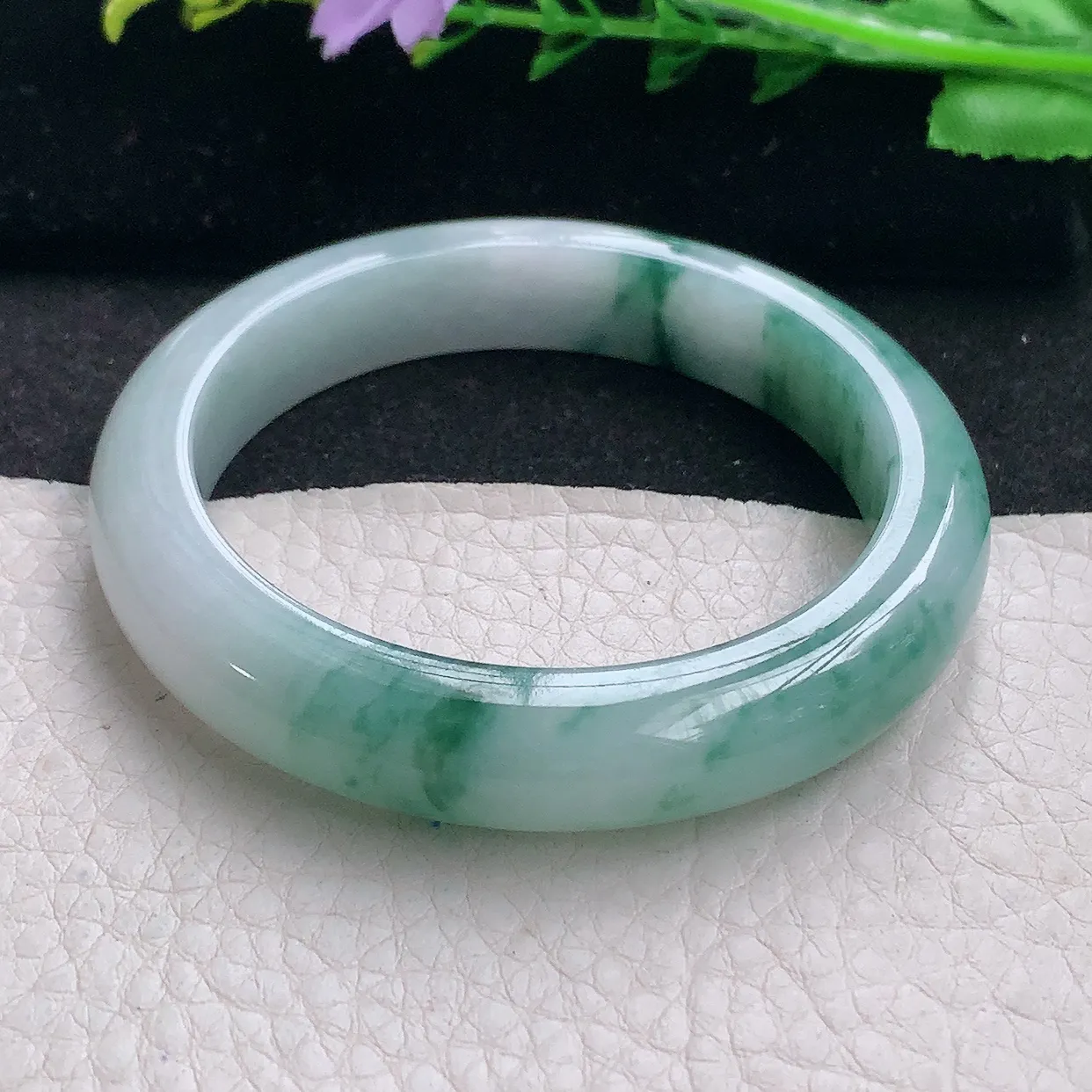 z自然光53*11.3*8.2平安镯 翡翠a货玉手镯冰飘花秀气宽边珠宝玉手环