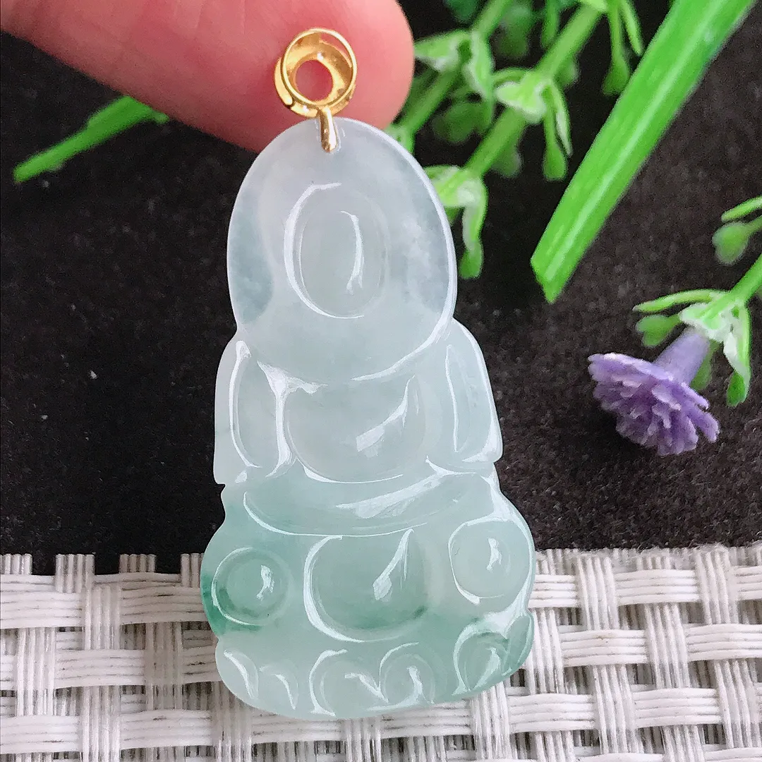 天然A货翡翠37.8/21.5/5.8老坑18k金镶嵌冰润飘花小观音吊坠翡翠挂件