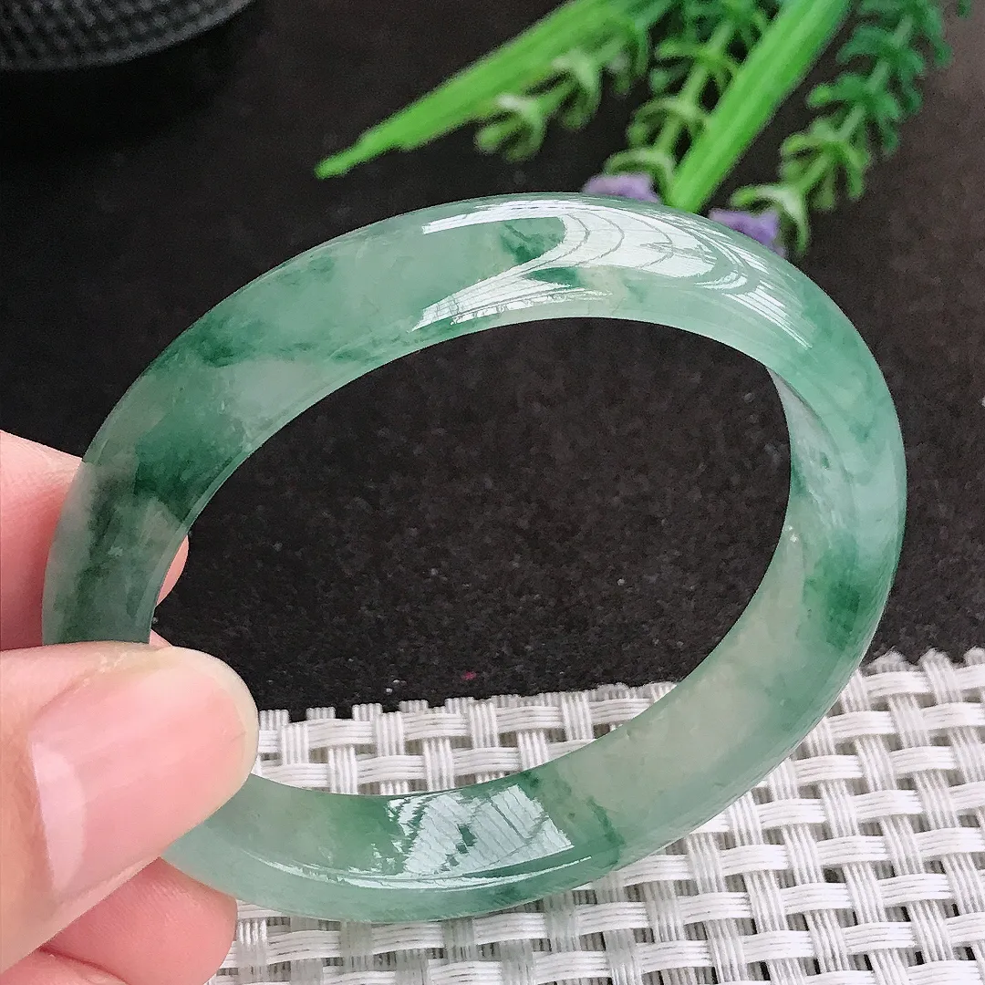 天然A货翡翠53/46/12.4/6.6老坑冰透果冻胶冰飘花贵妃手镯宽边玉镯