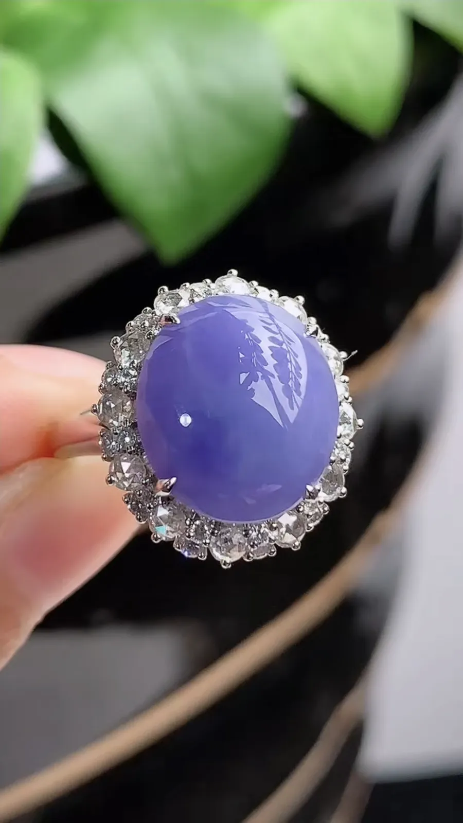 a货翡翠老坑种18K金伴钻镶嵌紫罗兰蛋面戒指 圈口17.4裸石尺寸13.4×12mm 重量6.28g 1207