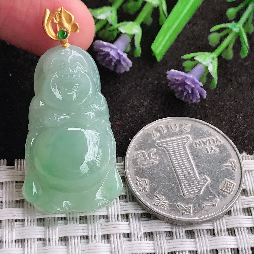 天然A货翡翠34/19.7/7.6老坑18k金镶嵌冰胶冰晴绿佛公吊坠翡翠挂件
