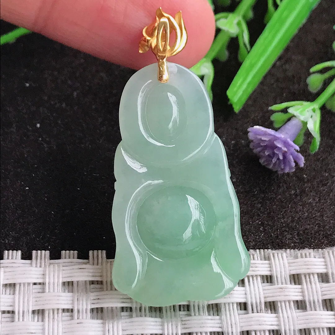 天然A货翡翠34/19.7/7.6老坑18k金镶嵌冰胶冰晴绿佛公吊坠翡翠挂件