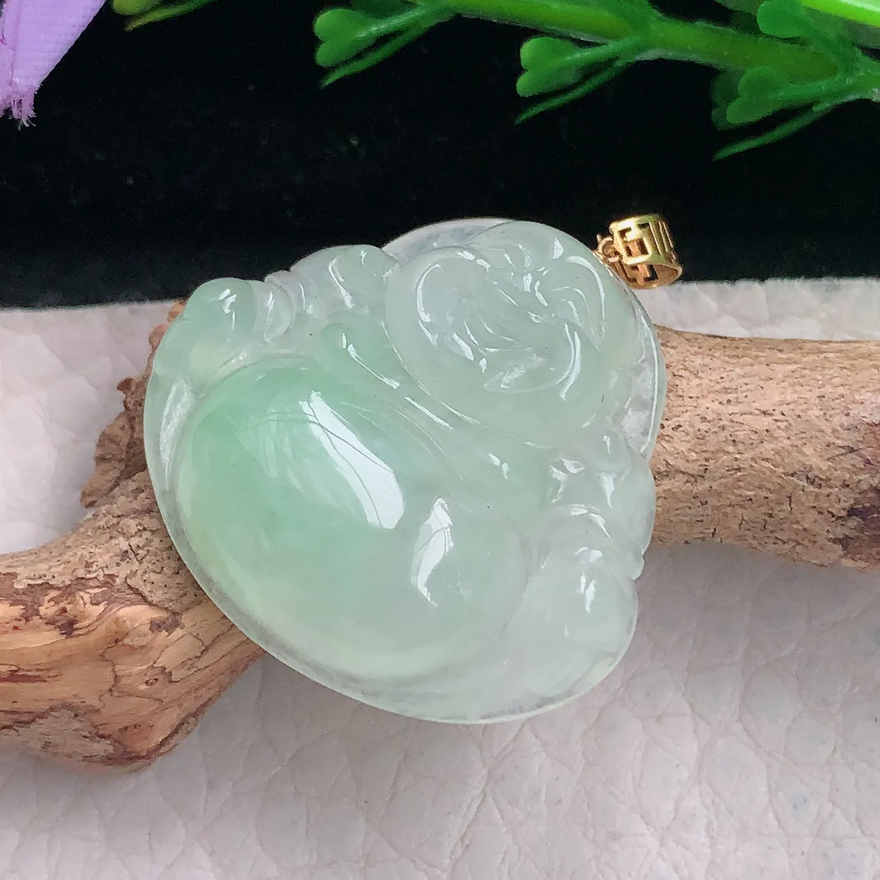 ws自然光25.6*27.8*6.6天然缅甸翡翠冰甜绿佛公 开心佛玉吊坠 玉挂件