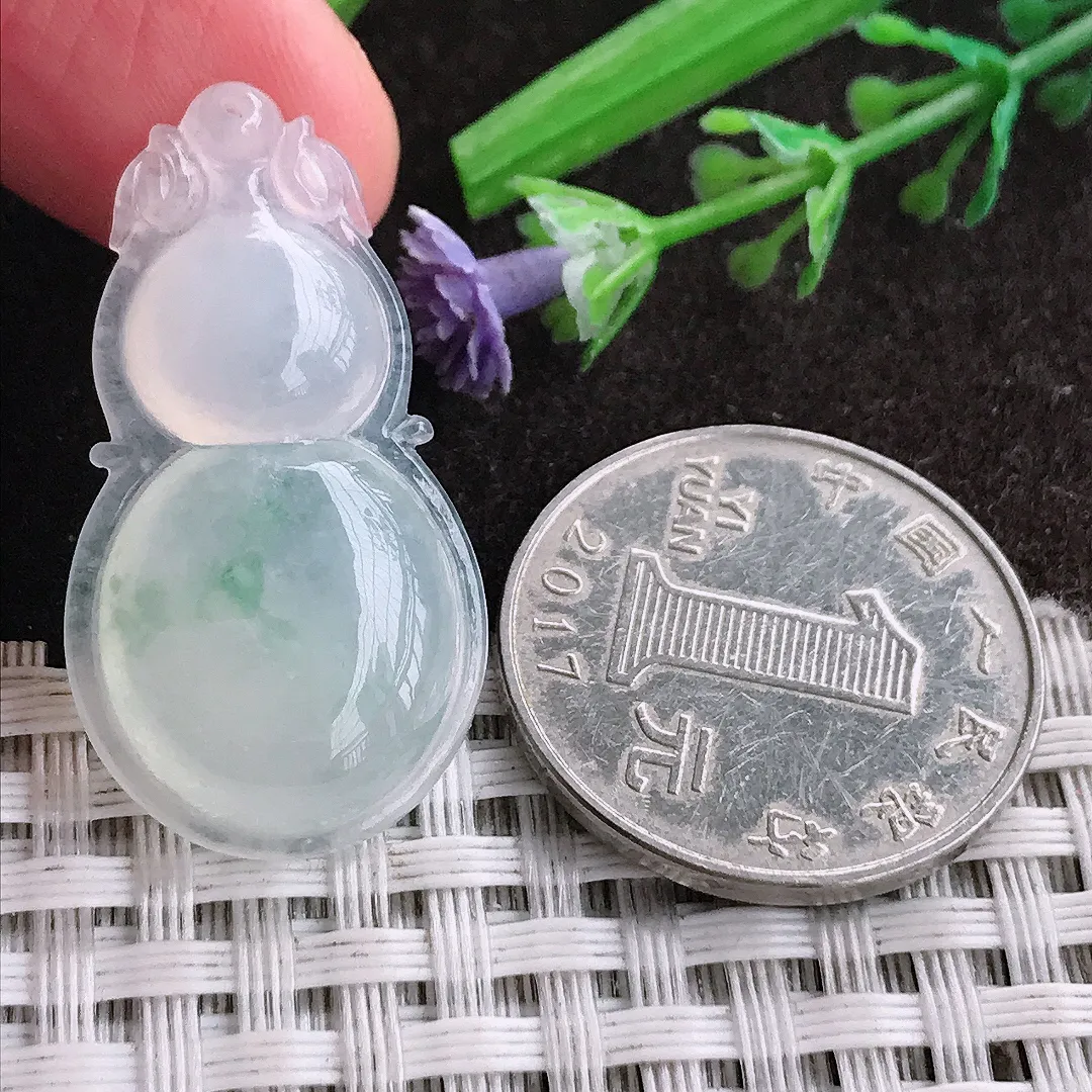 天然A货翡翠33.7/18/5.8老坑冰透起胶冰飘花葫芦吊坠翡翠挂件