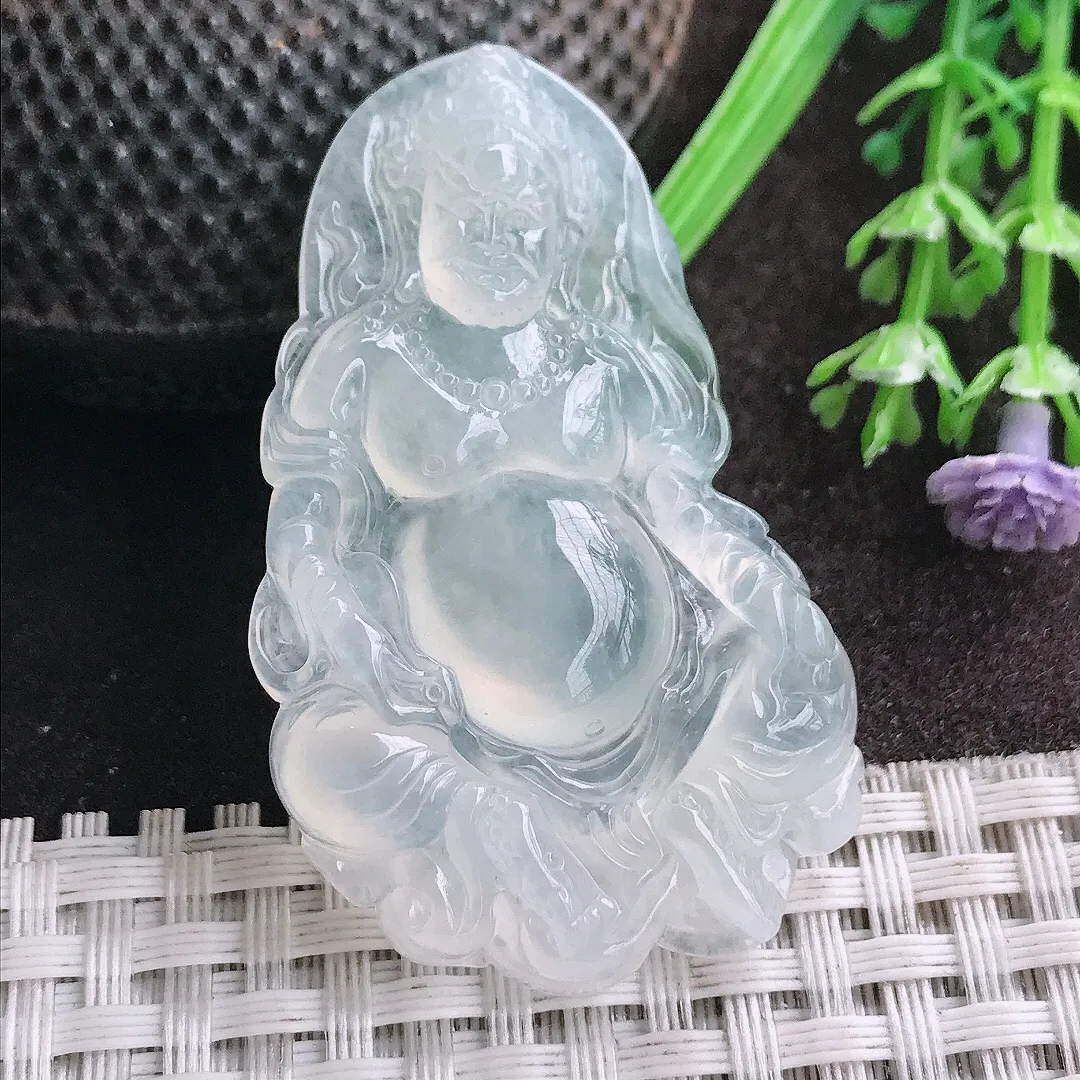 天然A货翡翠49.9/30.8/6老坑冰种果冻胶白冰黄财神吊坠翡翠挂件