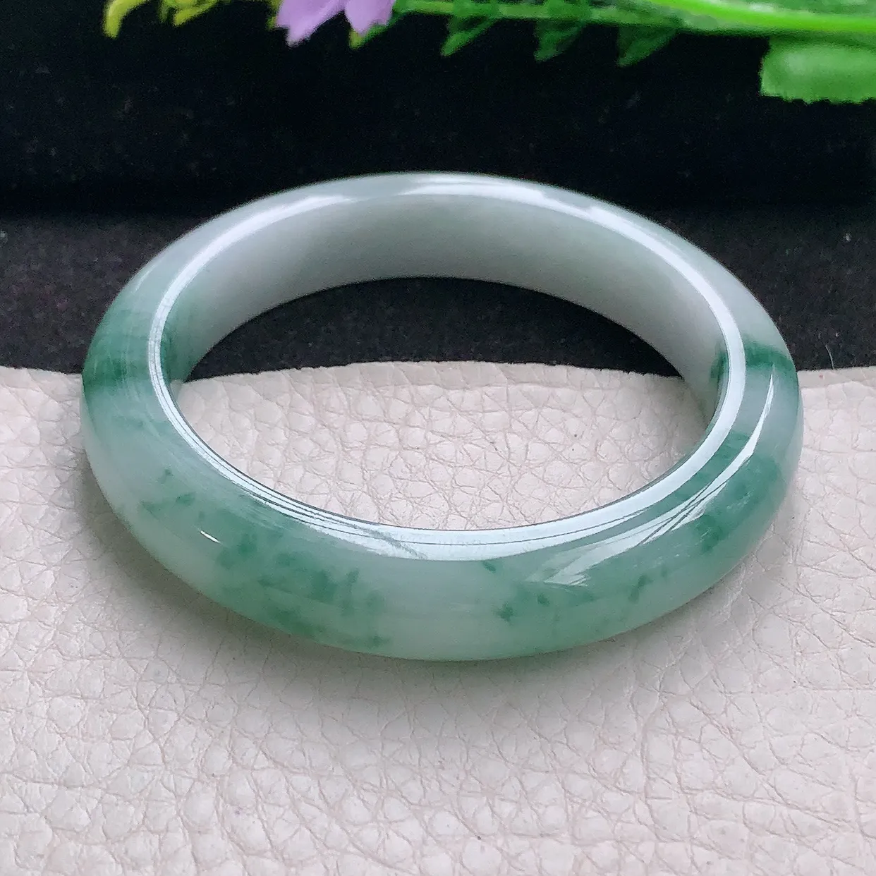 z自然光53*11.3*8.2平安镯 翡翠a货玉手镯冰飘花秀气宽边珠宝玉手环