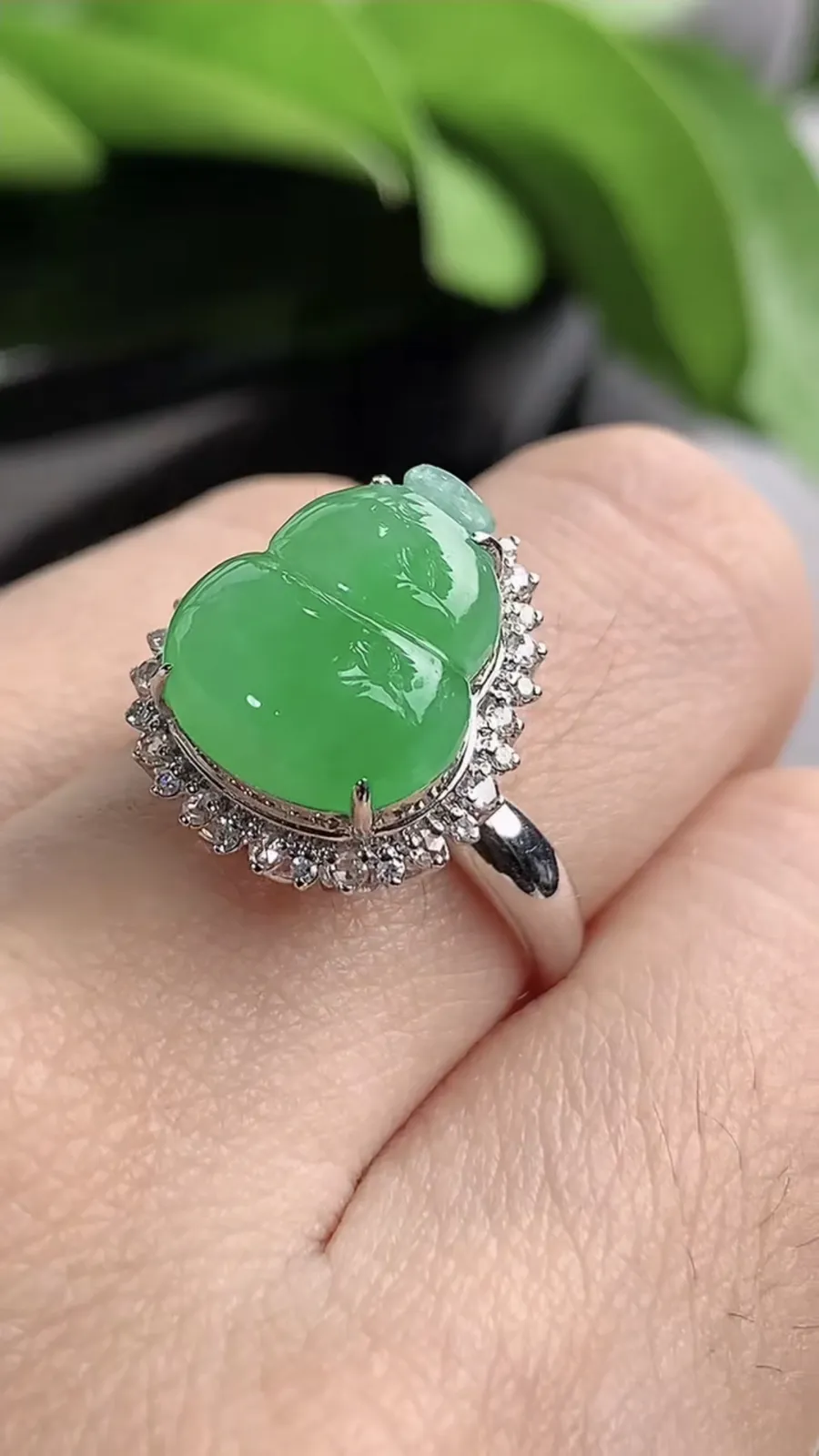 a货翡翠老坑冰种18K金伴钻镶嵌甜绿葫芦戒指 圈口17.4裸石尺寸12.3×10.7mm 重量3.28g 1208