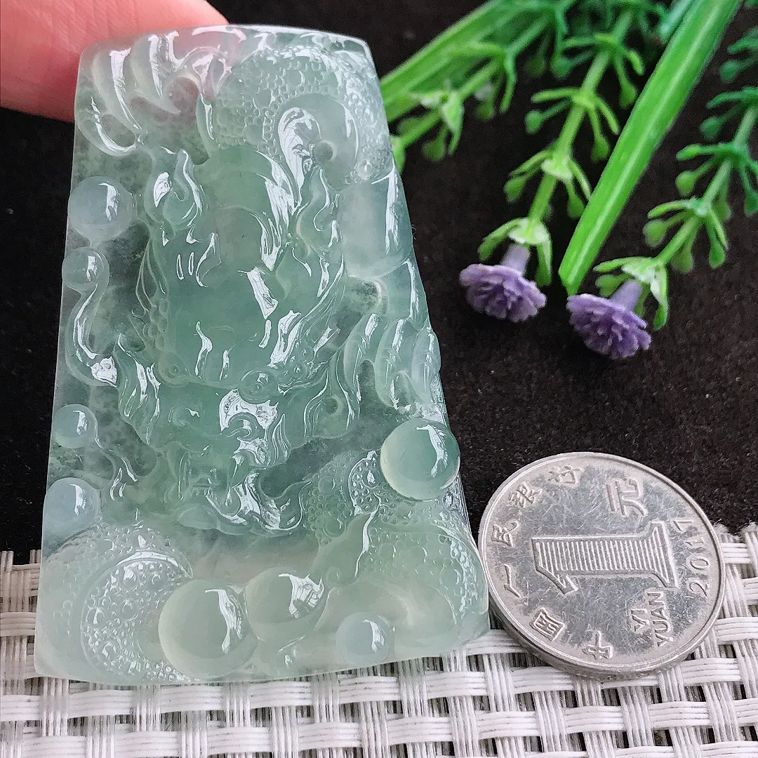天然A货翡翠62.3/42.5/6老坑冰种果冻胶冰晴绿霸气龙牌吊坠翡翠挂件