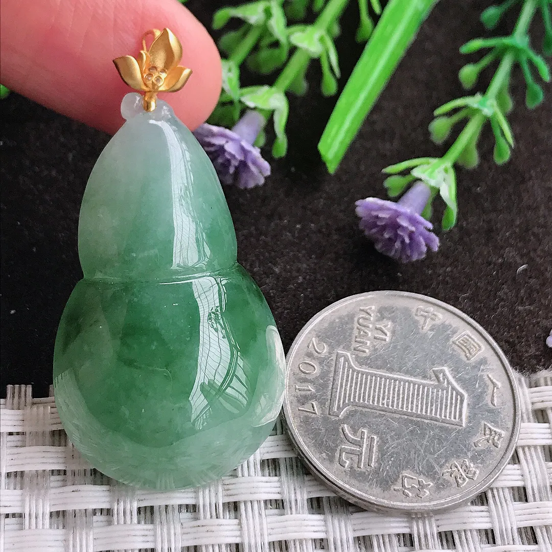 天然A货翡翠38.3/23/9老坑18k金镶嵌冰润飘花葫芦吊坠翡翠挂件