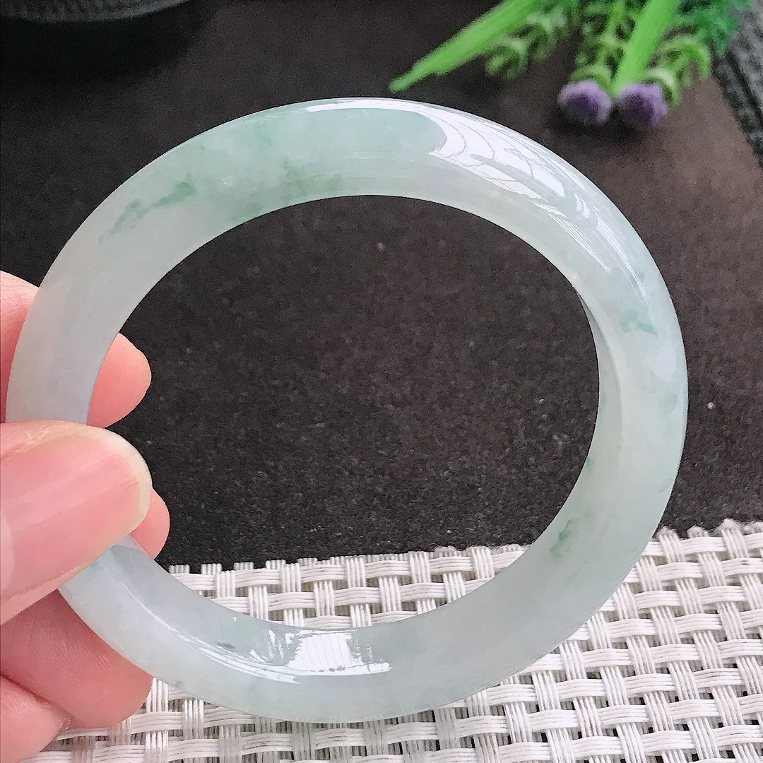 天然A货翡翠55.5/11.1/8.4老坑冰胶果冻飘花手镯宽边玉镯