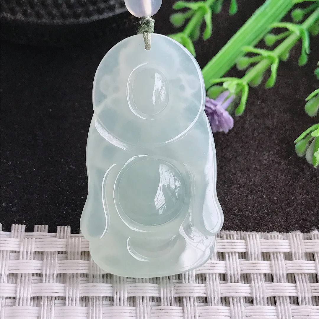 天然A货翡翠41.8/25/5.9老坑冰纯果冻胶冰晴财神爷吊坠翡翠挂件