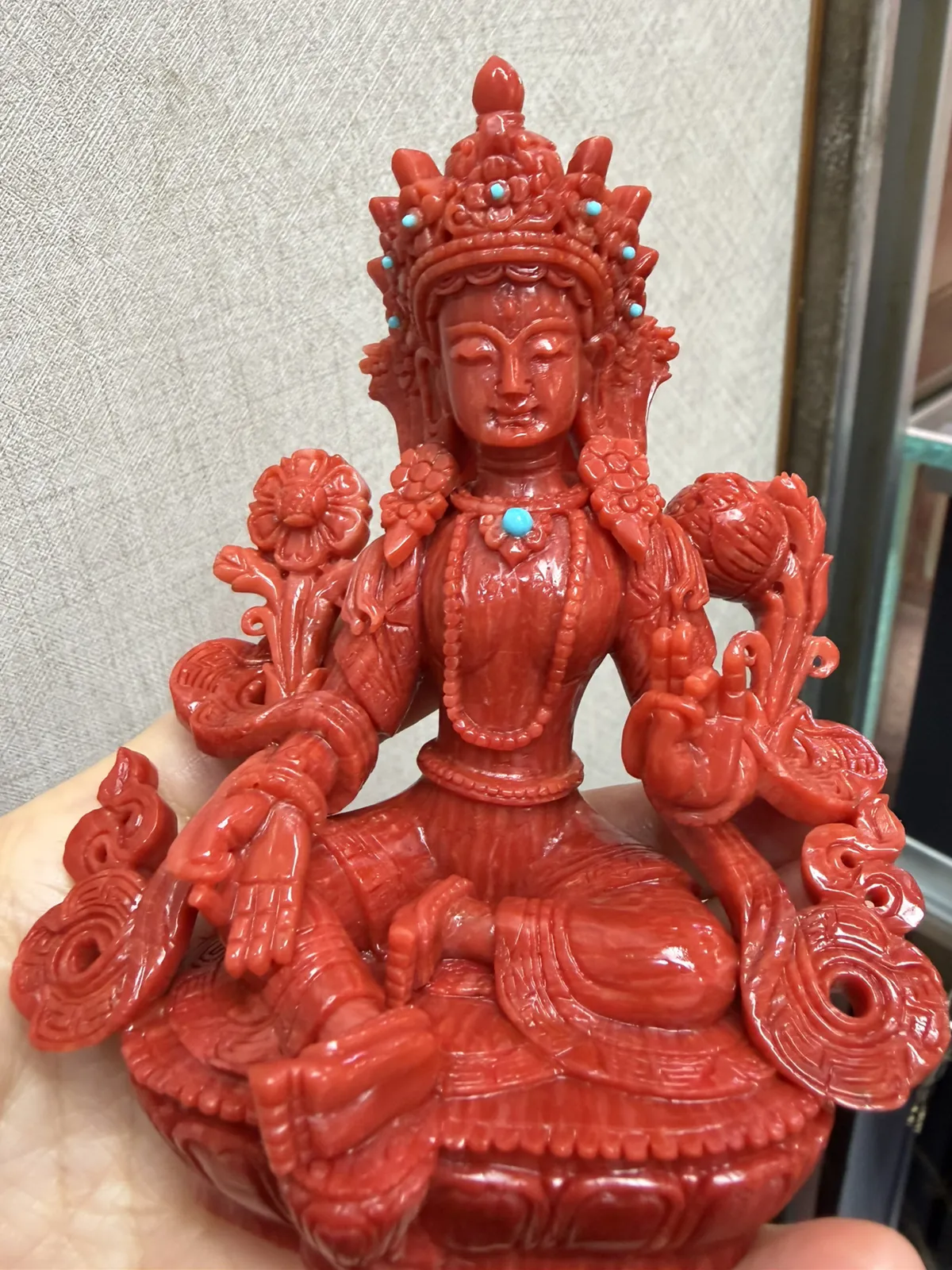 【天然红珊瑚拼接绿镀母中号摆件】意大利产地，沙丁珊瑚料，深红颜色，釆用台湾拼接手工工艺，精雕细镂，底