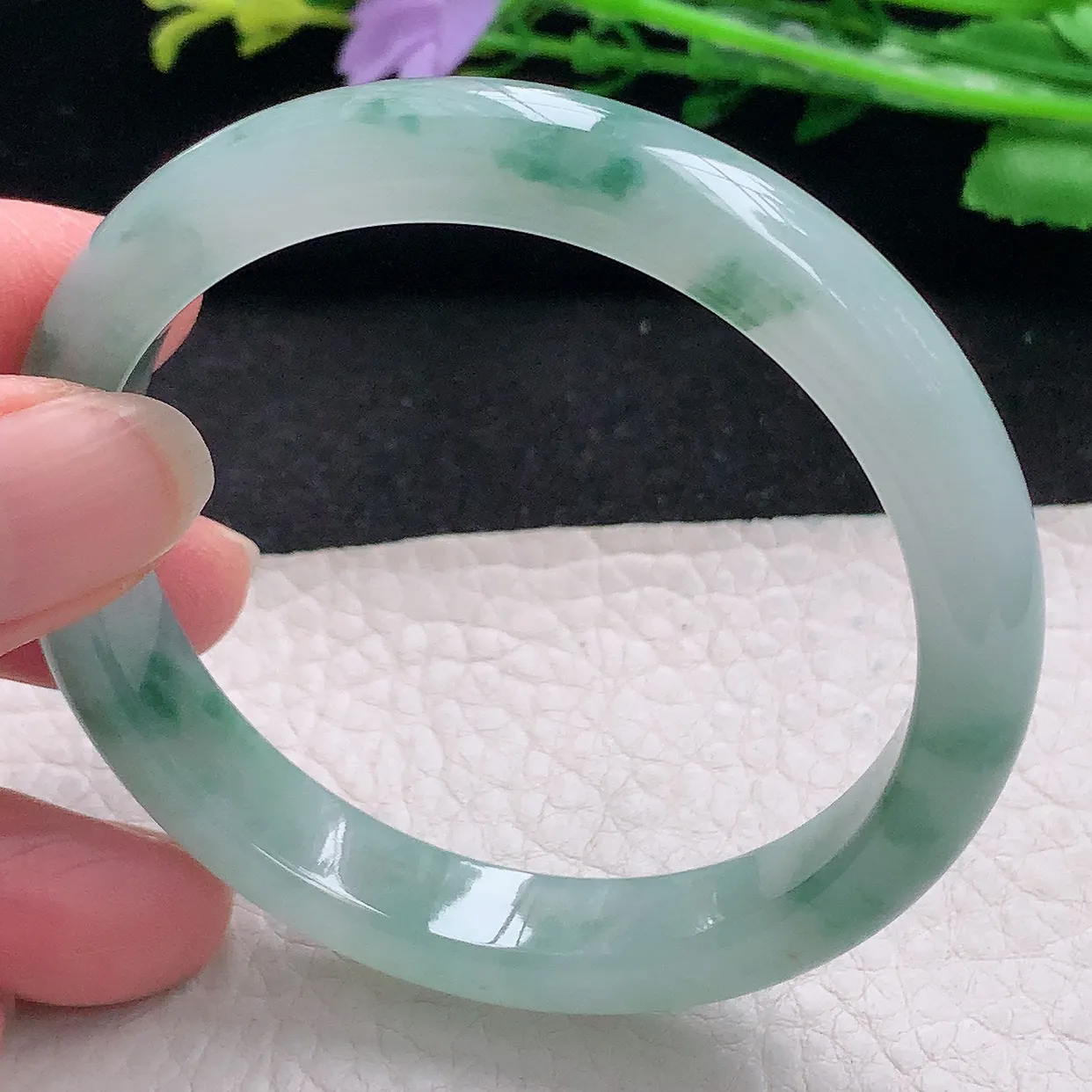 n自然光54*10.3*7.3平安镯 翡翠a货玉手镯冰飘花秀气宽边珠宝玉手环