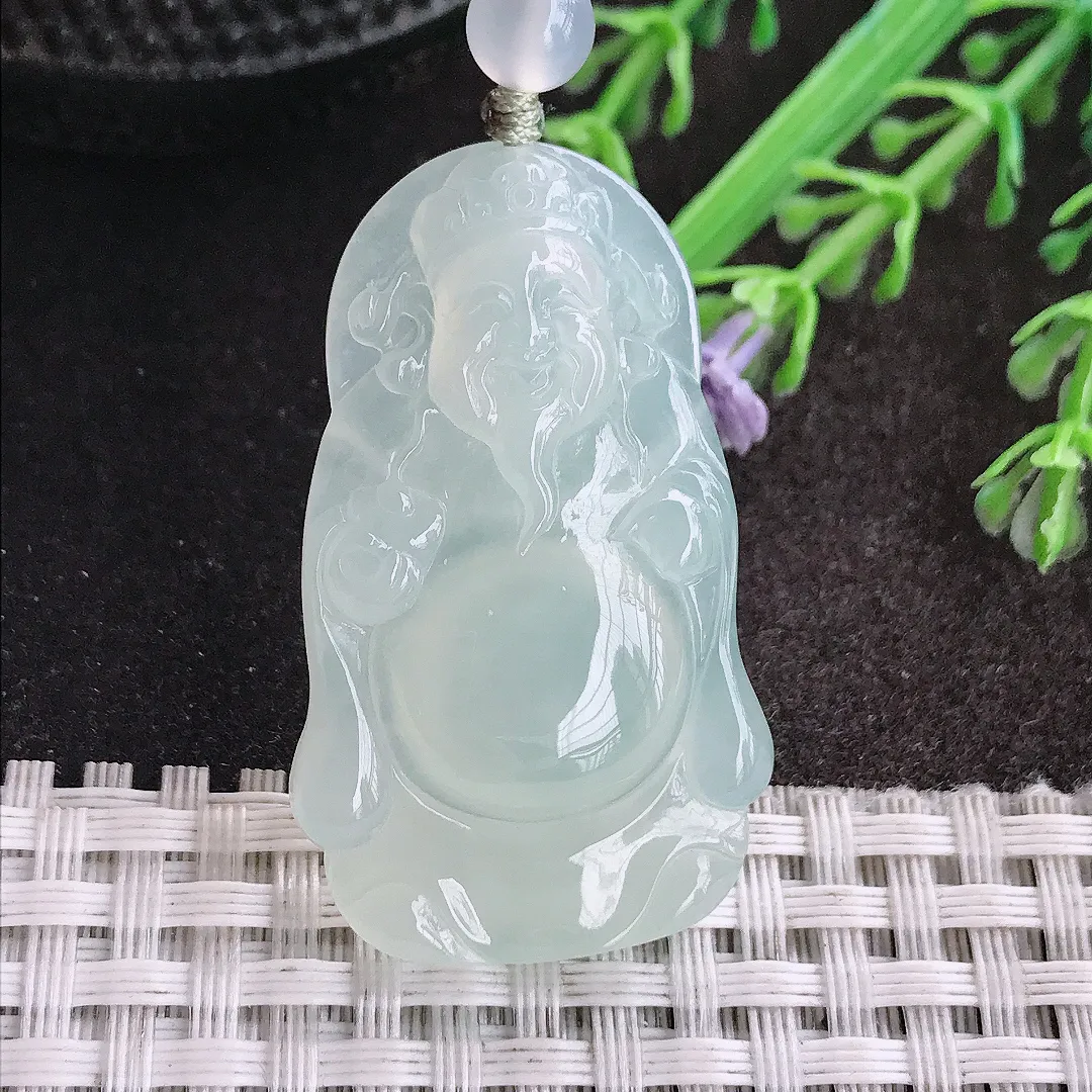 天然A货翡翠41.8/25/5.9老坑冰纯果冻胶冰晴财神爷吊坠翡翠挂件