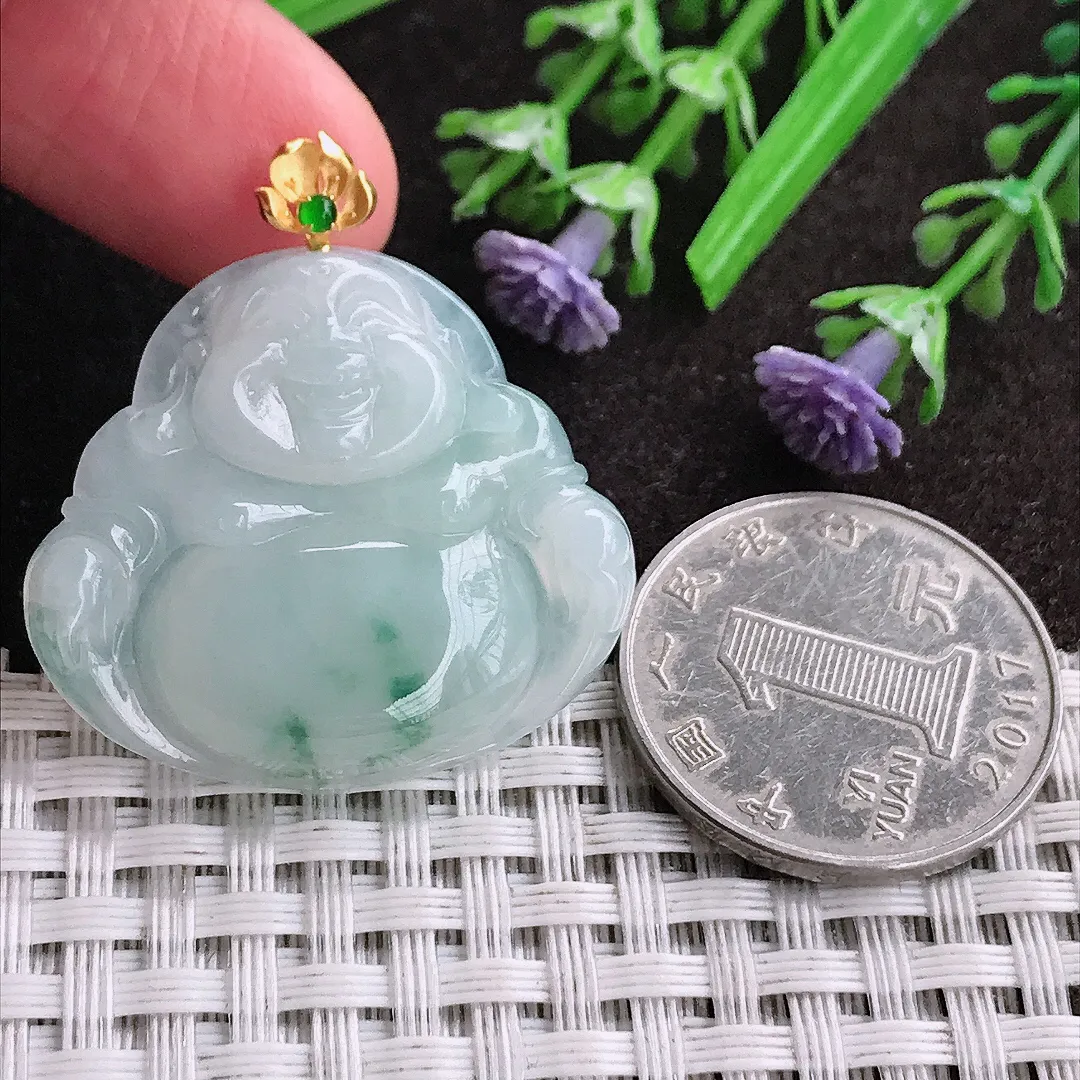 天然A货翡翠29.5/33/5.8老坑18k金镶嵌秀气冰润飘花佛公吊坠翡翠玉佛挂件