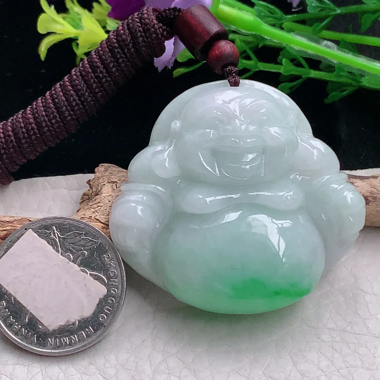 zen自然光43.547.5*12.8缅甸翡翠a货饱满飘绿佛公 弥勒佛玉吊坠 毛衣坠