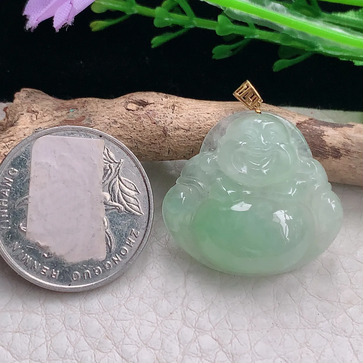 ws自然光25.6*27.8*6.6天然缅甸翡翠冰甜绿佛公 开心佛玉吊坠 玉挂件