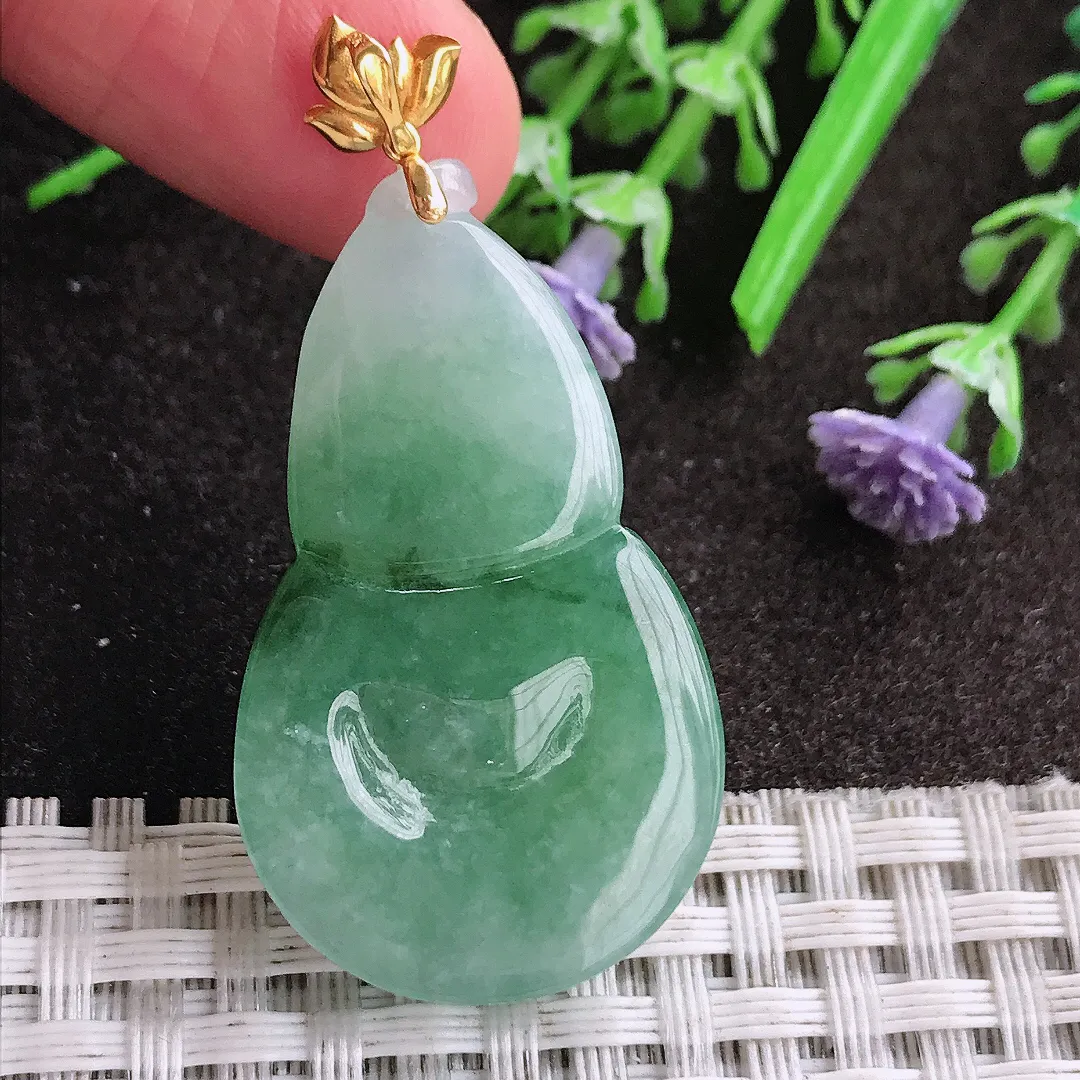 天然A货翡翠38.3/23/9老坑18k金镶嵌冰润飘花葫芦吊坠翡翠挂件