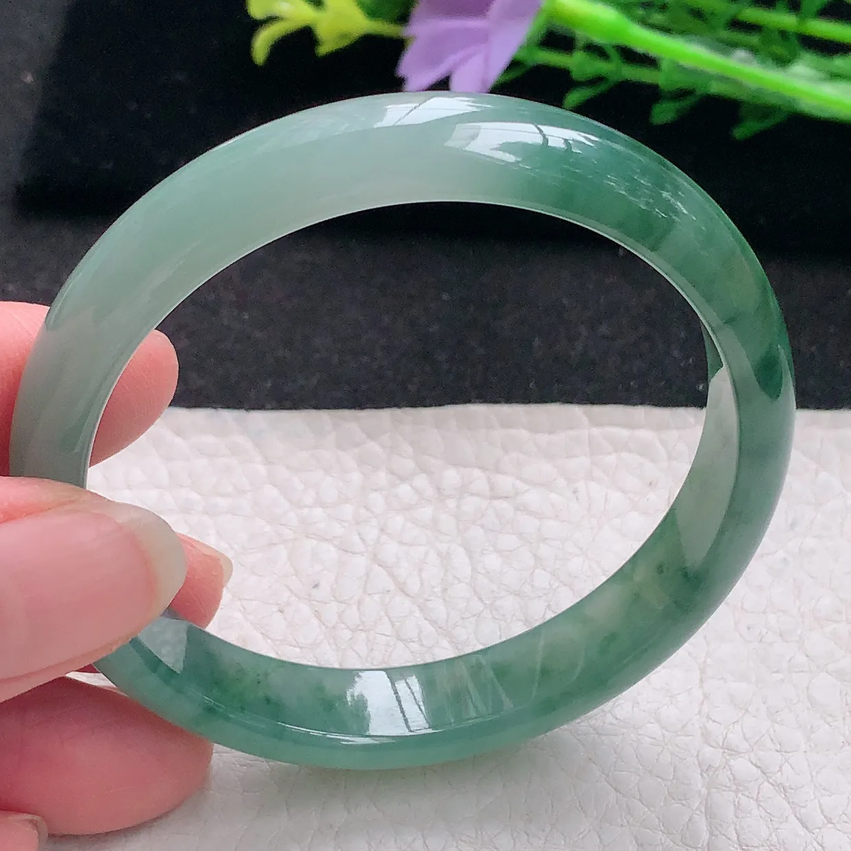 n自然光55*11.2*7.3平安镯 翡翠a货玉手镯冰飘花宽边珠宝玉手环