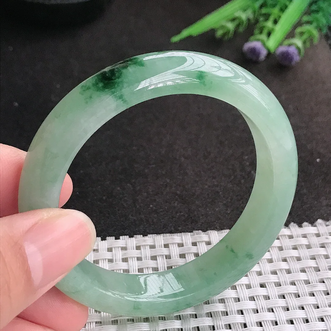 天然A货翡翠53/12.1/8.4老坑冰润起胶冰晴飘花手镯宽边玉镯
