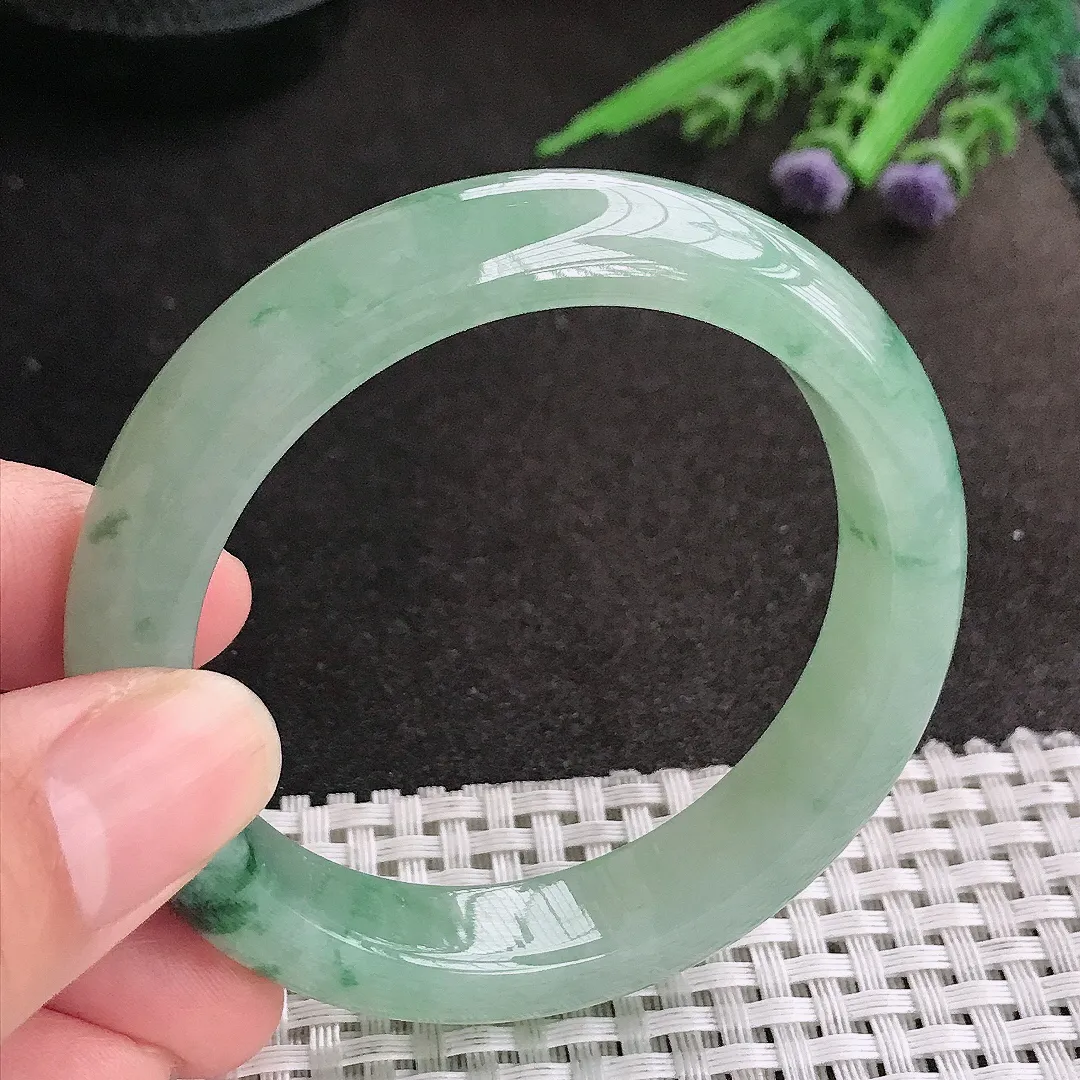 天然A货翡翠53/12.1/8.4老坑冰润起胶冰晴飘花手镯宽边玉镯