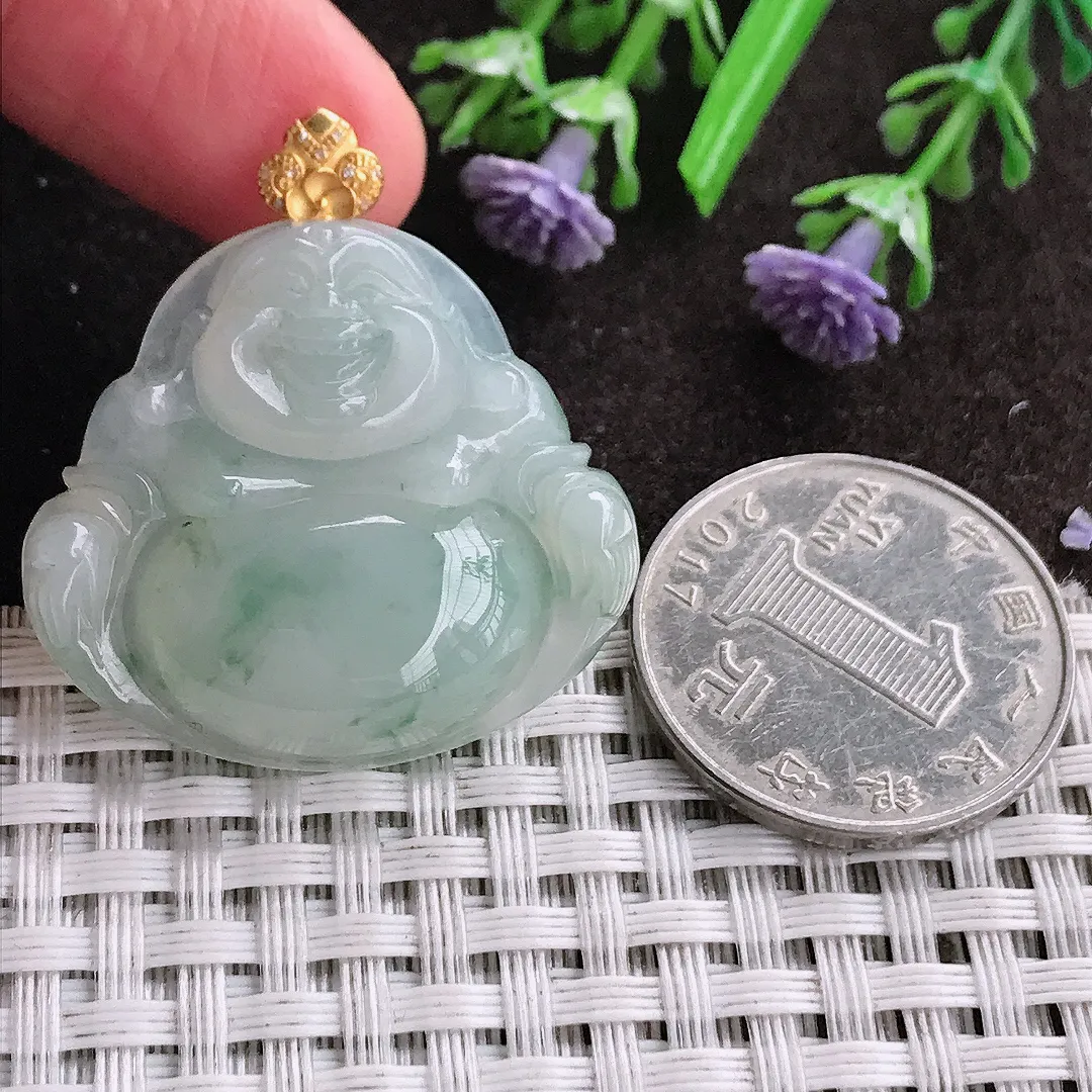 天然A货翡翠29.7/33.2/7.1老坑18k金镶嵌冰胶飘花佛公吊坠翡翠挂件