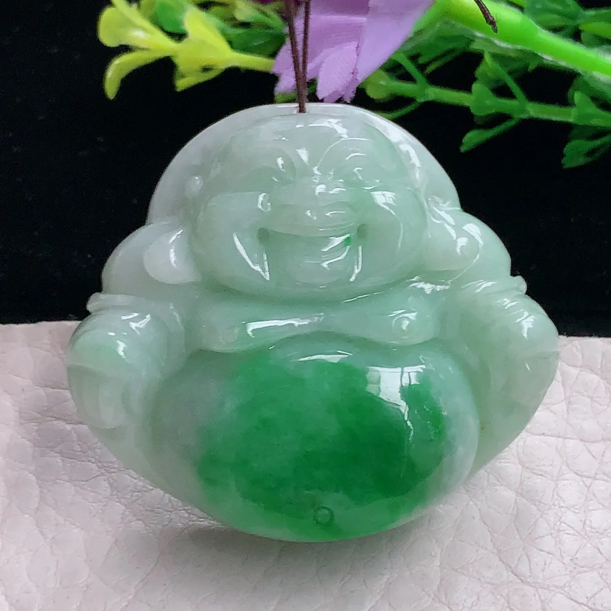 zen自然光41*46*13缅甸翡翠a货饱满辣绿佛公 弥勒佛玉吊坠 玉挂件