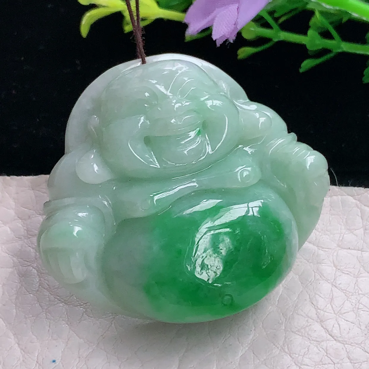 zen自然光41*46*13缅甸翡翠a货饱满辣绿佛公 弥勒佛玉吊坠 玉挂件
