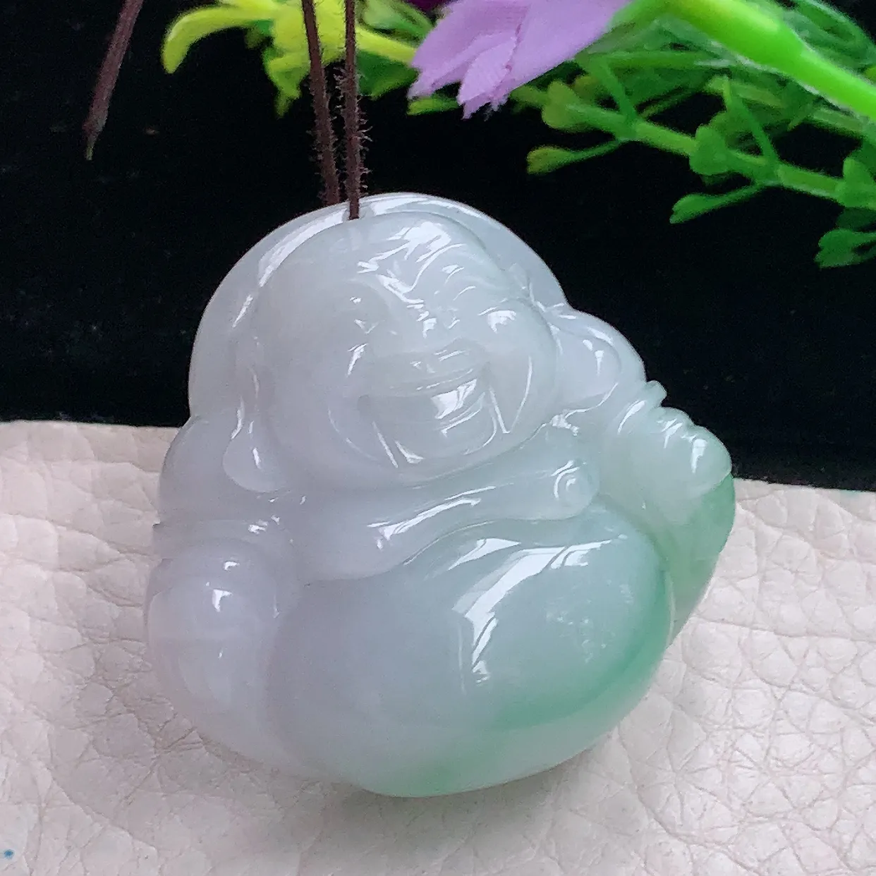 zen自然光38*39.8*12.3缅甸翡翠a货饱满飘花佛公 弥勒佛玉吊坠 玉挂件