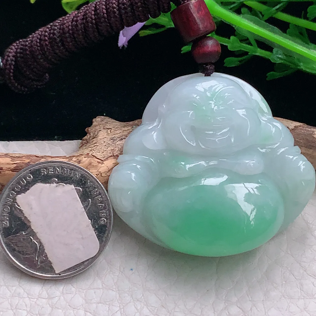 zen自然光40*44.5*12.6缅甸翡翠a货饱满清新佛公 弥勒佛玉吊坠 玉挂件