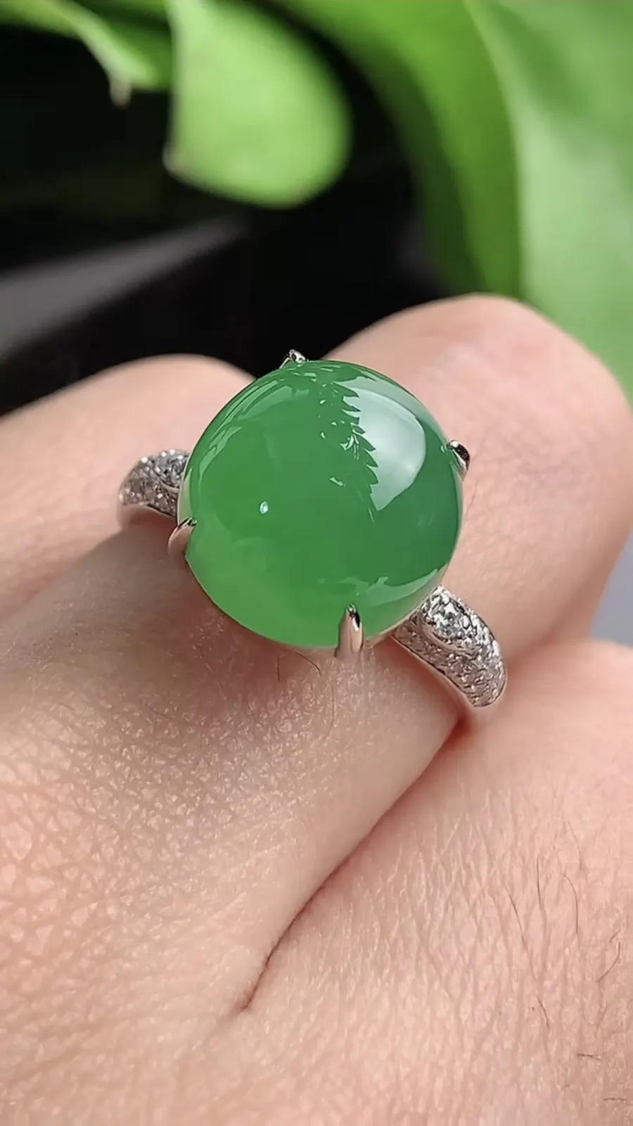 a货翡翠老坑冰种18K金伴钻镶嵌阳绿蛋面戒指 圈口17.6裸石尺寸11.6×11mm 重量4.60g 1208